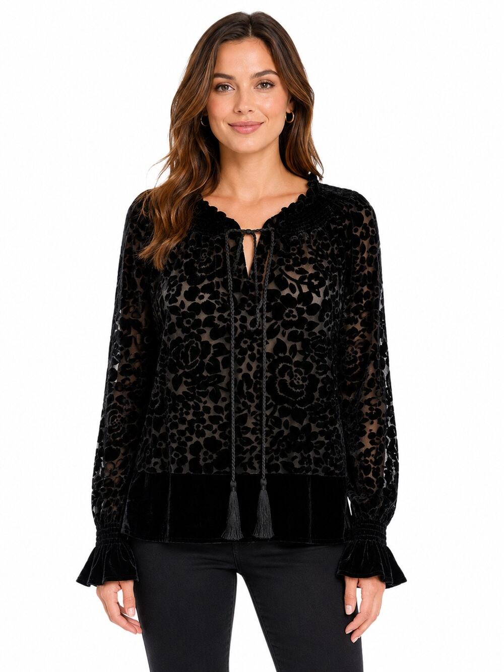 Vintage 90s Go Silk Burnout Velvet Floral Sheer Tassel Peasant Blouse Black S